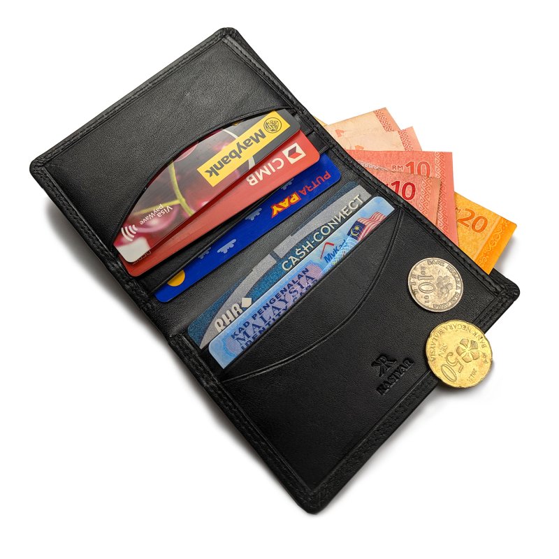 Kasiyar Leather Card Case Bi Fold Black